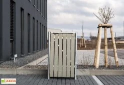 Cache-poubelle Simple En Acier Et Bois De Pin Traité 69 X 80 X 115 Cm -Garanti Jardin Magasin cache poubelle acier pin gris 1