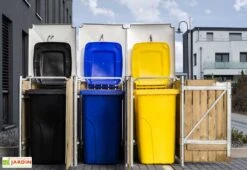 Cache-poubelle Triple En Acier Et Bois De Pin Traité 209 X 80 X 115 Cm -Garanti Jardin Magasin cache poubelle triple acier bois ouvert