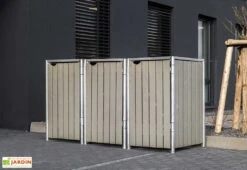 Cache-poubelle Triple En Acier Et Bois De Pin Traité 209 X 80 X 115 Cm -Garanti Jardin Magasin cache poubelle triple acier pin gris